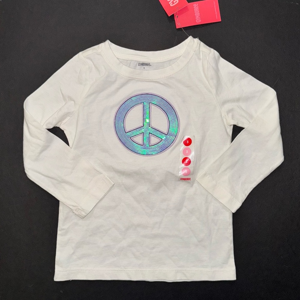 NEW Gymboree girl t-shirt 3 Dance Team ivory long sleeve purple sequin peace top - Picture 1 of 2